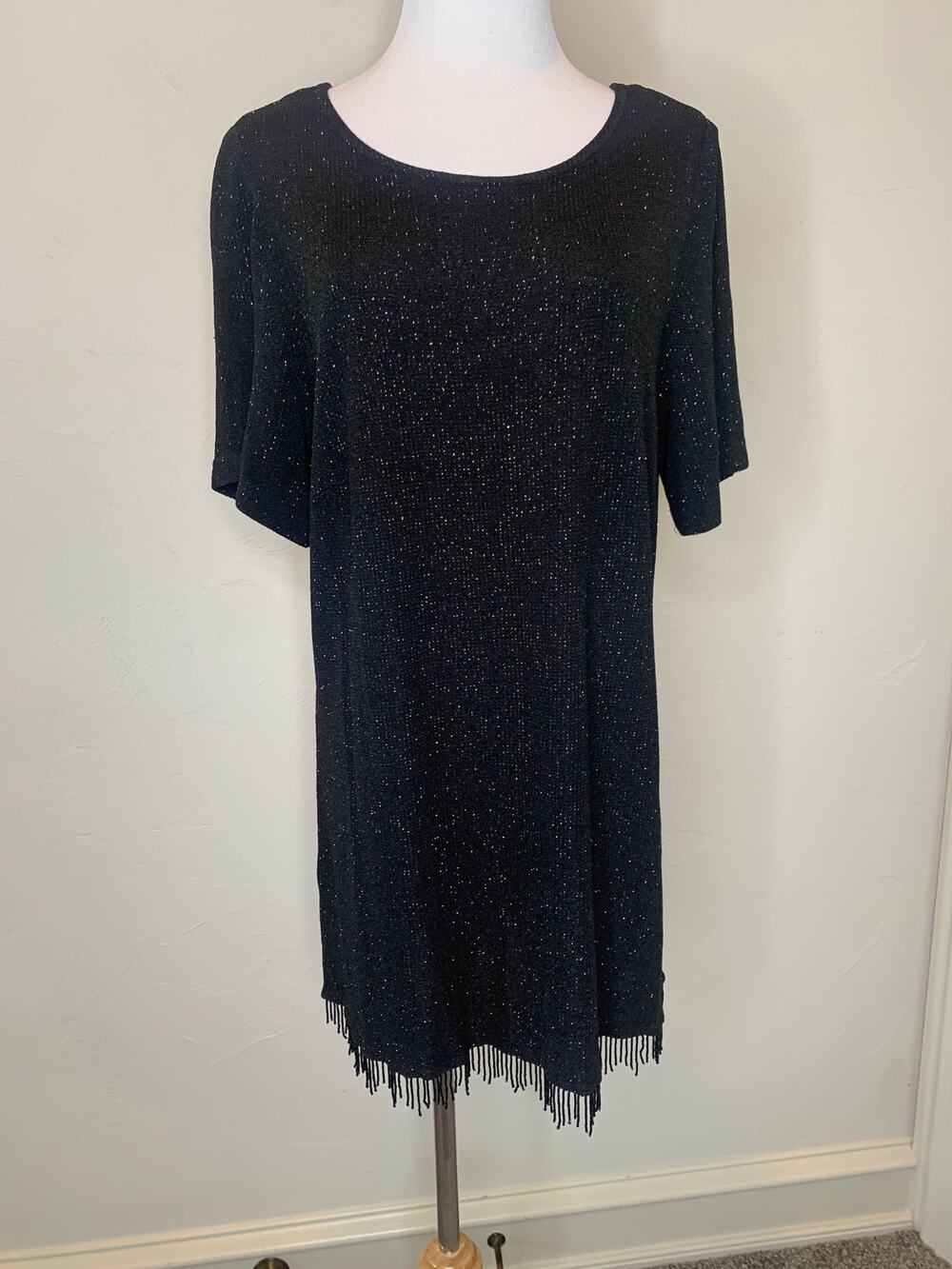 Vintage Metallic Beaded Fringe Hem Tunic Dress OSFM Black Fairy Party